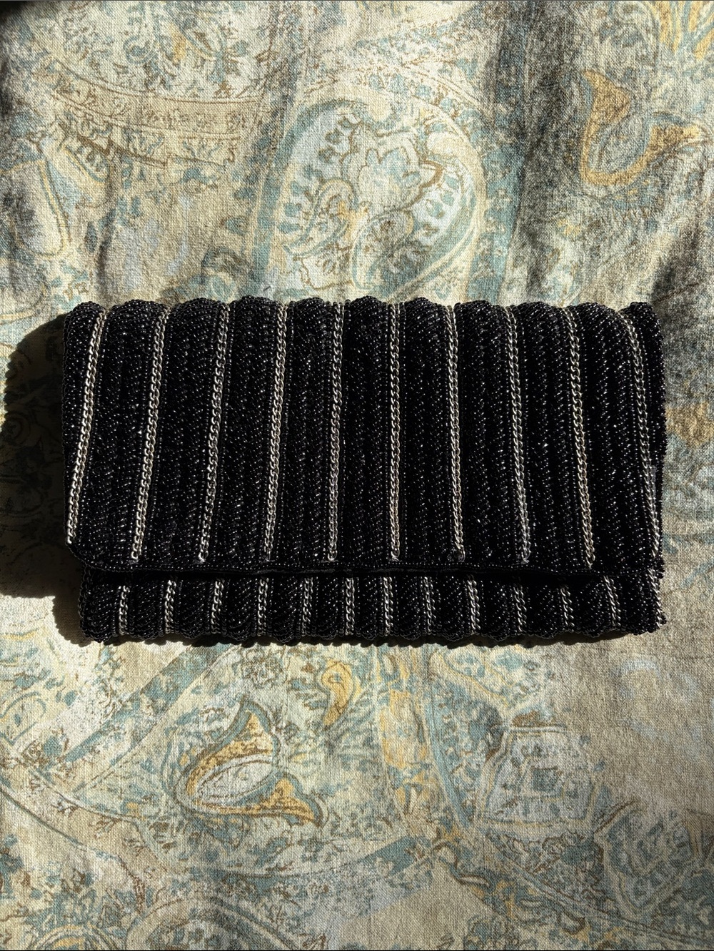 From St Xavier Beaded Striped Evening Clutch Handbag Chain Strap Black Silver